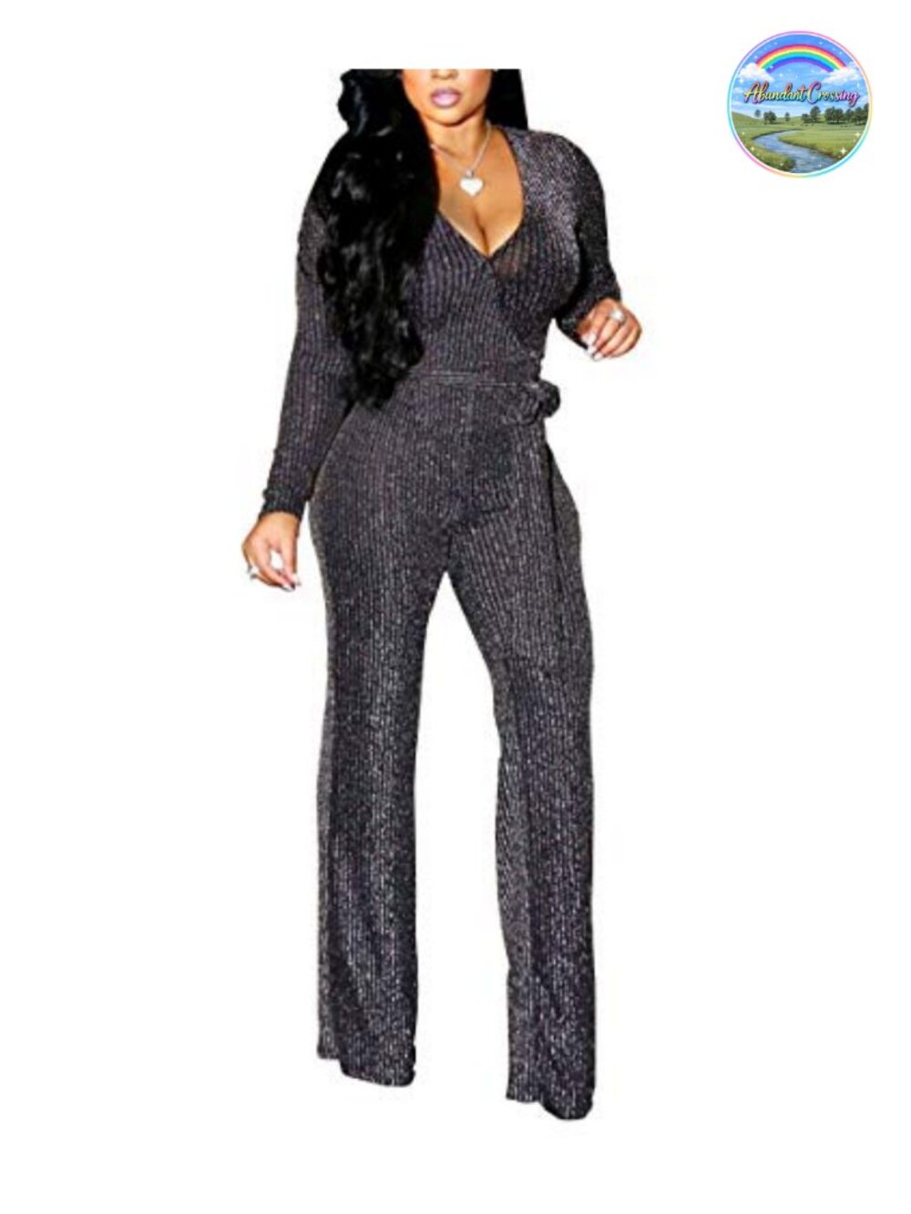Women's Sparkly V-Neck Long Sleeve Jumpsuit with Belt for Party Clubwear